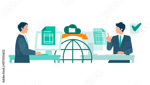 Businessman remotely approving digital invoices via cloud system for workflow optimization while working from home or office showing paperless management and remote authorization.