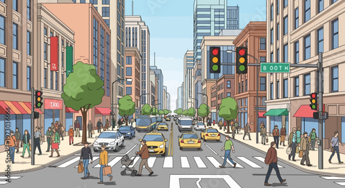 Busy city street with diverse pedestrians crossing at crosswalk, cars and buses in traffic, urban cityscape.