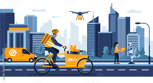 Futuristic City Delivery: Drone, Bike Courier, Robot, Van - Logistics Future