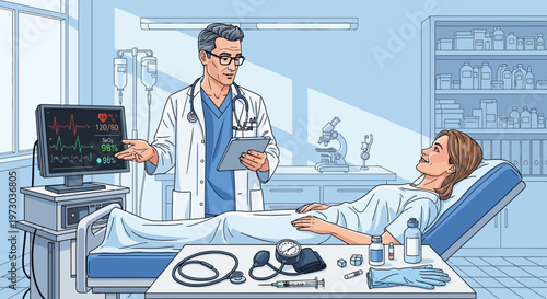 Doctor explaining medical results on monitor to patient in hospital room