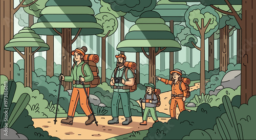 Family Hiking Adventure in a Lush Forest with Backpacks and Trekking Poles