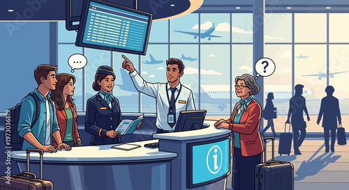 Airport Information Desk: Travelers Seeking Help with Flights and Destinations