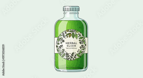 Green Glass Bottle with Herbal Medicine Label.