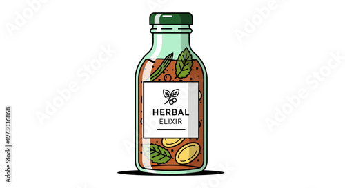 Herbal Elixir Bottle with Green Cap.