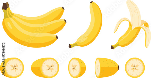 Set of Flat Vector Yellow Banana Illustrations Featuring Whole Bunches Single Peels and Round Fruit Slices for Healthy Food Branding and Kitchen DecorSet of Flat Vector Yellow Banana Illustrations Fea