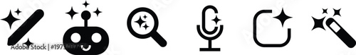 A series of black glyph icons illustrating artificial intelligence magic tools and sparkling user interface elements