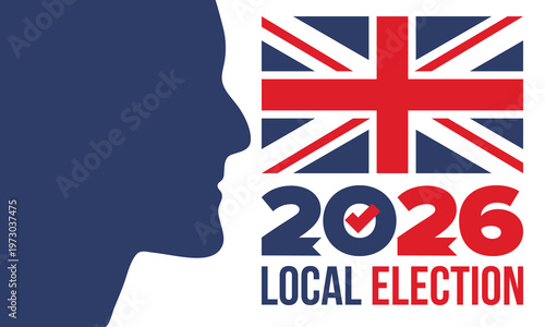 2026 United Kingdom Local Election Poster with Union Jack Flag and Voting Checkmark Icon. Vote 2026. Great Britain national flag. Vector poster 