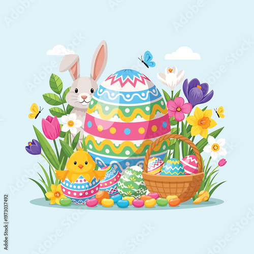 Colorful Easter bunny and eggs.