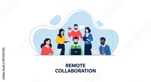 A diverse group of six professionals collaborates remotely with laptops and phones against a light blue abstract background.