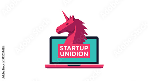 A bold geometric pink unicorn head emerges from a laptop screen displaying STARTUP UNIDION text on a clean white background.