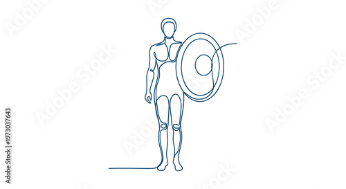 A continuous line drawing illustrates a standing human figure holding a circular shield on a white background.