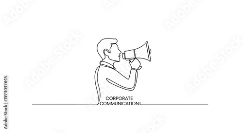 A continuous black line drawing illustrates a man speaking into a megaphone with CORPORATE COMMUNICATION text on a white background.