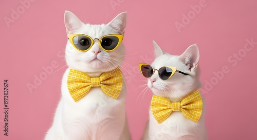 Two white cats wearing yellow sunglasses and matching bow ties against pink background pose together in studio setting.