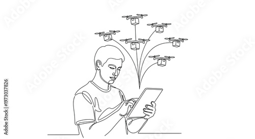 A continuous line drawing shows a person controlling seven delivery drones with a tablet on a white background.