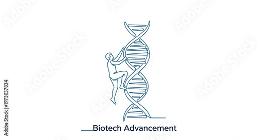 A person drawn with a single blue line is actively climbing a large DNA double helix structure on a plain white background.