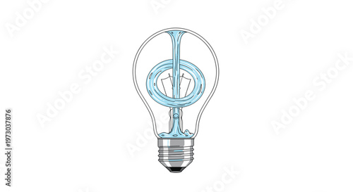 A transparent lightbulb with a silver base is filled with swirling blue liquid forming a looping filament on a white background.