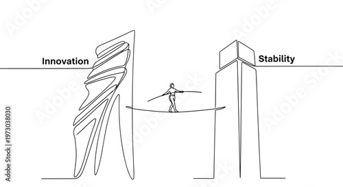 A continuous line art illustration depicts a tightrope walker balancing between a wavy Innovation skyscraper and a blocky Stability skyscraper.