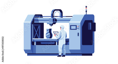 A technician in a cleanroom suit is operating a large industrial 3D printer that is fabricating a blue object.