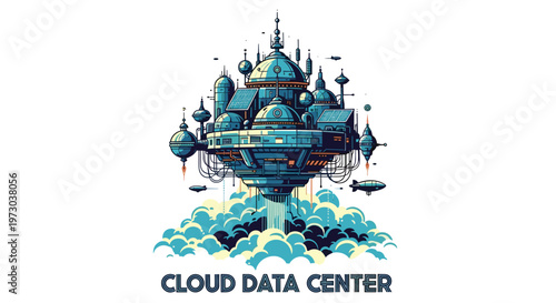 A retro-futuristic illustration shows an intricate cloud data center structure floating above stylized clouds with airships and rockets.