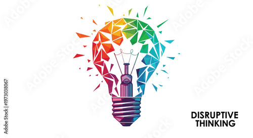 A vibrant multicolored polygonal lightbulb bursts into geometric fragments against a white background with DISRUPTIVE THINKING text.