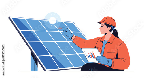 A female engineer in an orange hard hat inspects a large blue solar panel while holding a tablet with charts.
