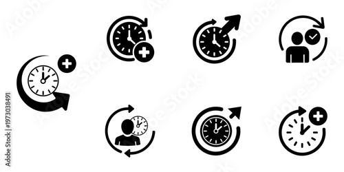 Time management symbol with clock and add button.  Circular arrow indicating time passing and new event addition.