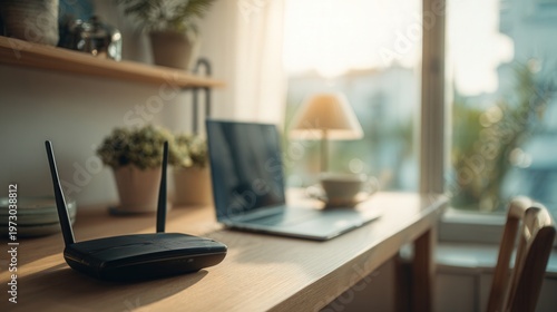 Laptop router lamp desk setup, warm bokeh background, ethernet cable and mug, remote work station, freelance focus, productive evening, stable wifi connection, modern home office aesthetic