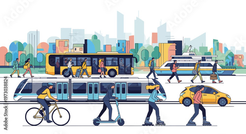 Diverse urban transportation modes with people and cityscape illustration