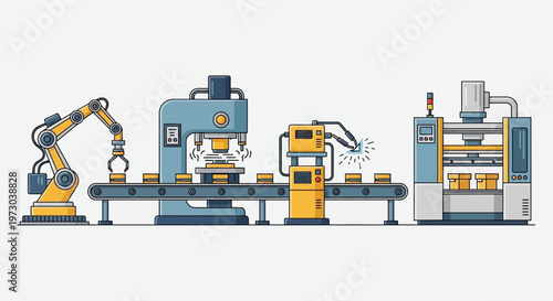 Automated factory production line with robotic arm, press, welding, and packaging machines