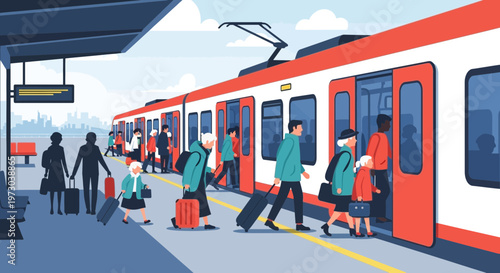 Commuters Boarding Modern Train at Station Platform