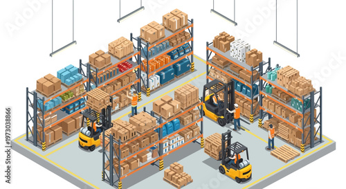 Isometric Warehouse Interior with Forklifts, Workers, and Shelves of Boxes
