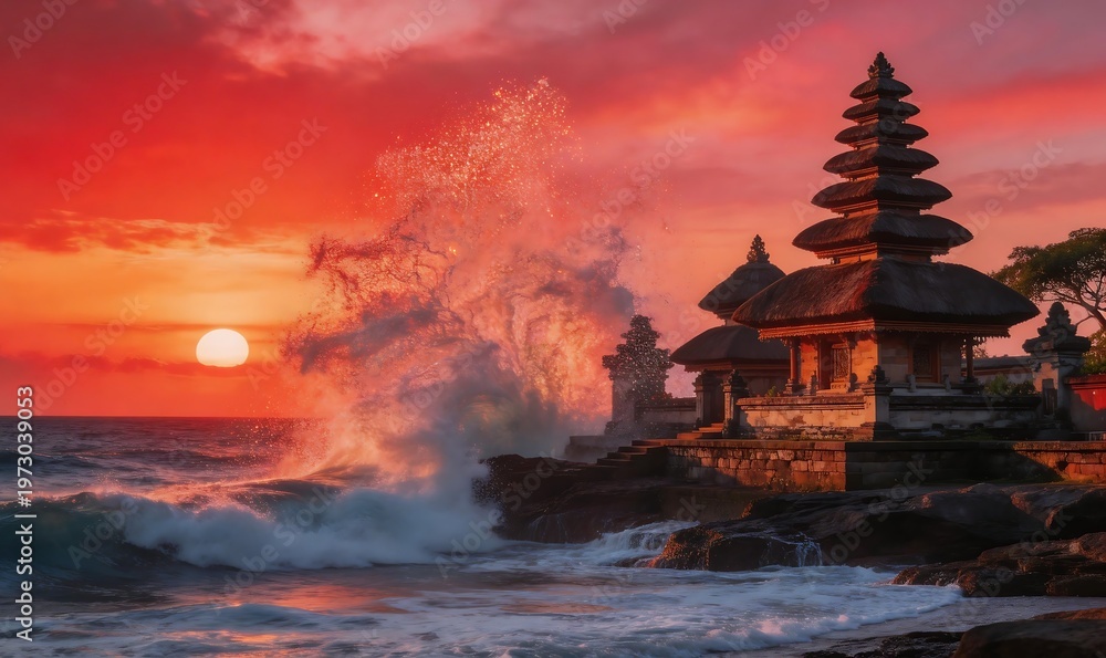 Obraz premium Breathtaking sunset illuminates an ancient sea temple on a rocky coast, with powerful waves dramatically crashing against the shore