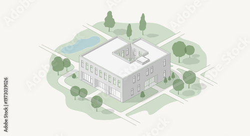 Isometric modern building with surrounding park and roads, cartoon style illustration