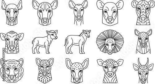 A cute collection of hand drawn animals featuring a cartoon dog, cat, lion, and elephant in a vector illustration set for a baby zoo or safari farm character icon pack