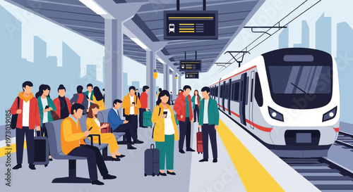 Diverse crowd waiting for modern metro train at bustling station platform, city skyline background