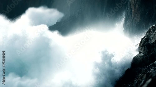 Powerful waves crashing against rocky coastline cliffs