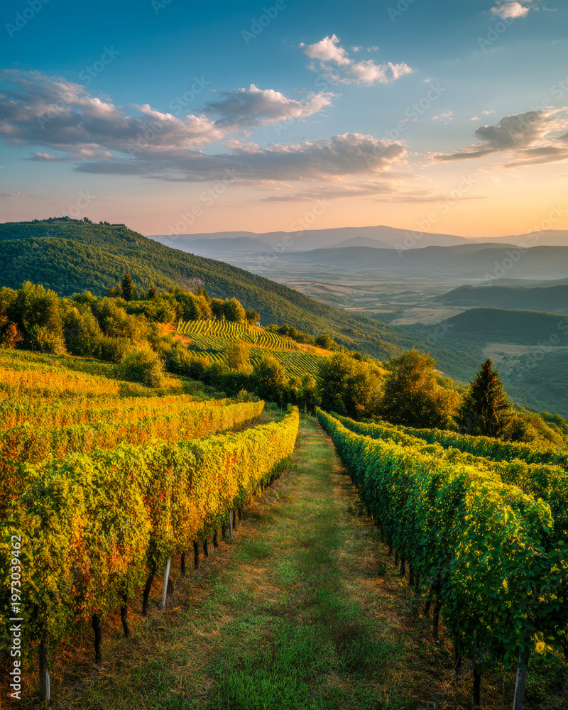 Naklejka premium Hillside vineyard rows sweeping across rolling mountains at golden sunset