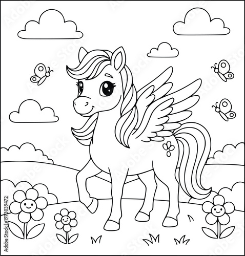 Pegasus coloring book page with a winged horse walking in a flower field