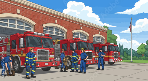 firefighters in action at fire station with red trucks vector illustration