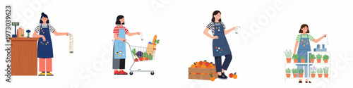 Flat illustration set of female retail workers and shoppers in grocery and flower shops holding receipts on a white background.