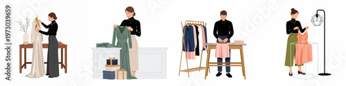 Collection of flat vector illustrations showcasing professionals working in the fashion industry, including tailors, designers, and retail assistants in a boutique setting.