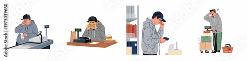 Set of vector illustrations depicting an exhausted retail worker experiencing burnout, fatigue, and stress during long shifts at a store.