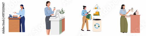 Flat illustration set of female retail employees performing store tasks like checkout, card payment, clothing recycling, and processing customer refunds.