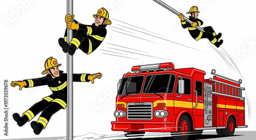firefighters in action with fire truck vector illustration