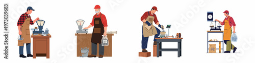 Set of hardware store workers weighing fasteners and nails on various scales, isolated on white background for DIY and construction concepts.