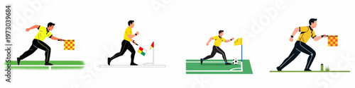 Set of flat vector illustrations featuring a soccer assistant referee running and signaling with a checkered flag on a football field.