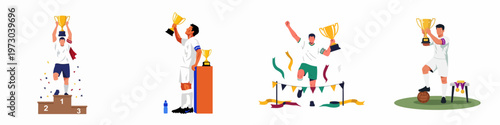 Set of four flat illustrations featuring a soccer captain celebrating victory with a gold trophy, medals, and a winner's podium.
