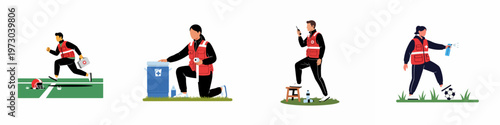 Flat vector illustrations of sports medical staff and first responders providing emergency aid and support at various athletic events on white background.