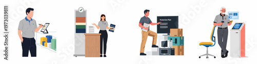 Flat vector illustrations of retail and service professionals managing inventory, assisting customers with warranties, explaining protection plans, and using digital self-service kiosks.