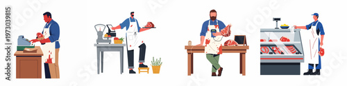 Collection of flat vector illustrations depicting professional male butchers working in a meat shop, weighing products, using cash registers, and displaying fresh meat.
